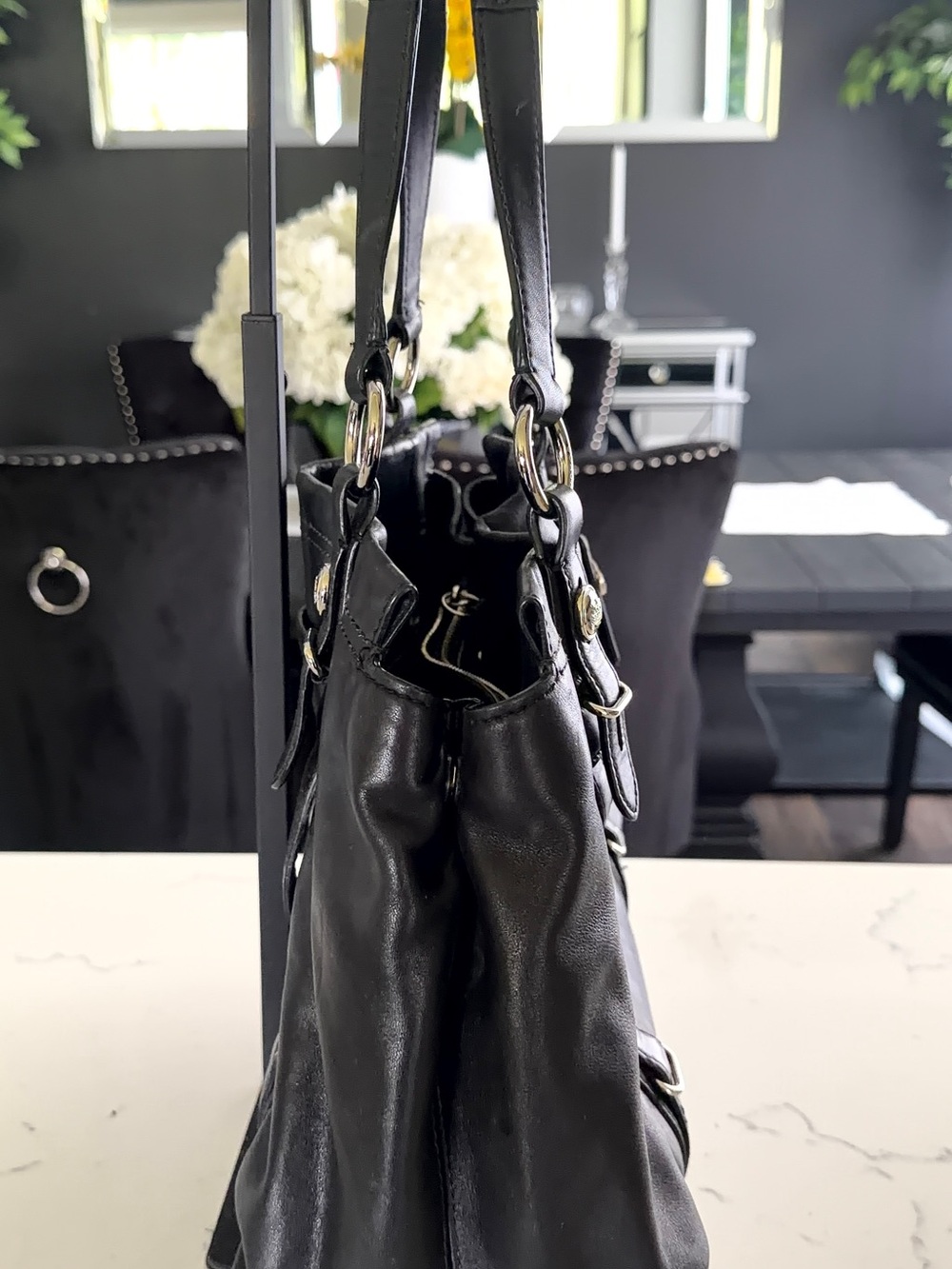 COACH Black Leather Shoulder Tote with Signature Silver Hardware - Picture 2 of 10